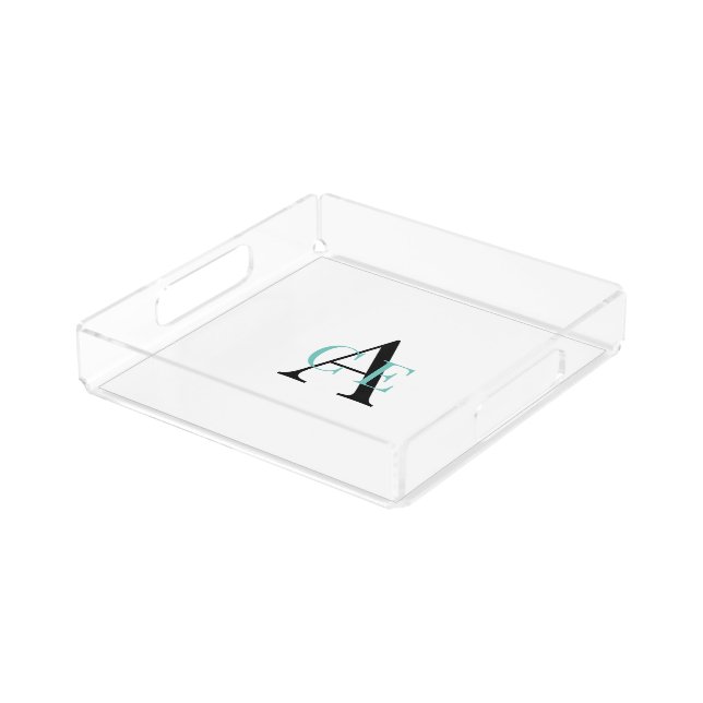 Custom Monogram Turquoise & Black Clear Vanity Acrylic Tray (Angled)