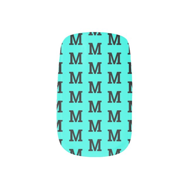 Custom monogram turquoise blue Minx Nail Art wraps (Left Thumb)