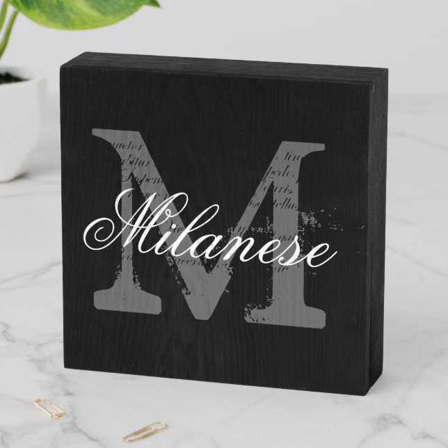 Custom monogram vintage black Wooden Box Sign (In Situ Horizontal)