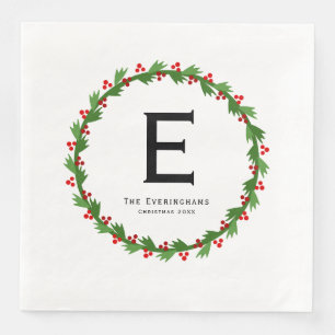 Custom Monogram - Vintage Chrismas wreath Paper Dinner Napkins