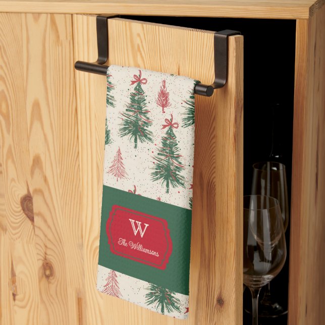 Custom Monogram Vintage Christmas Tree Pattern Kitchen Towel (Thirds Fold)