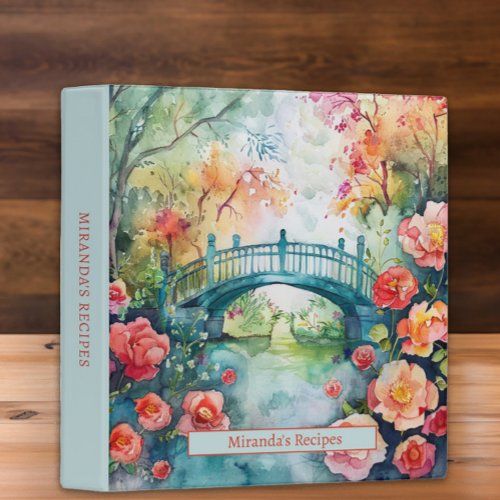 Custom Monogram Watercolor Floral Footbridge 3 Ring Binder