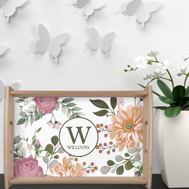 Custom Monogram Watercolor Flowers  Serving Tray (Creator Uploaded)
