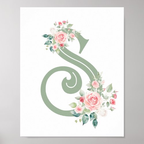 Custom Monogram Watercolor Roses Girl Nursery Poster
