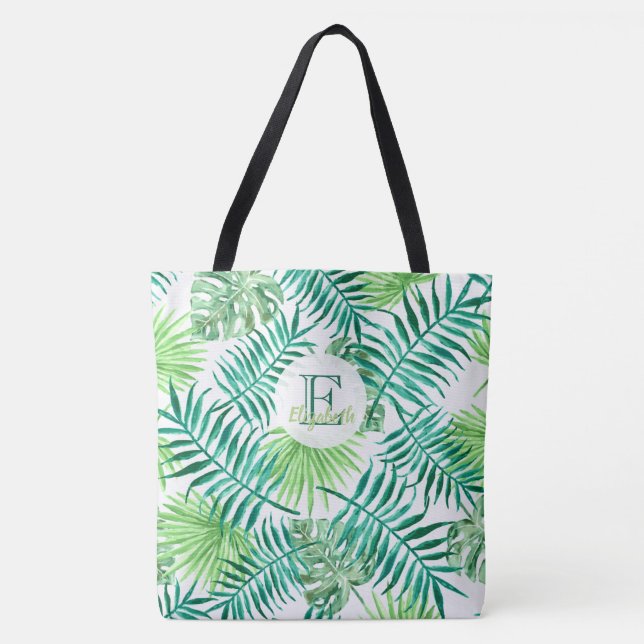 Custom monogram, watercolor tropical palm leaves, tote bag (Front)