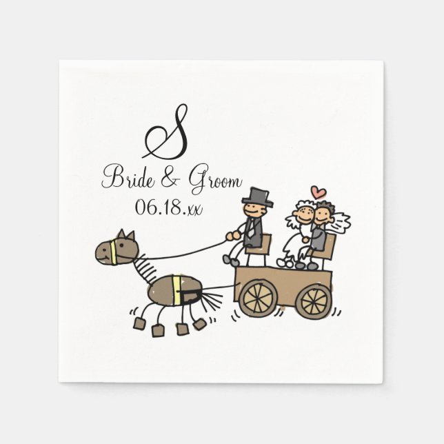 Custom Monogram Wedding Horse Drawn Carriage Paper Napkins (Front)