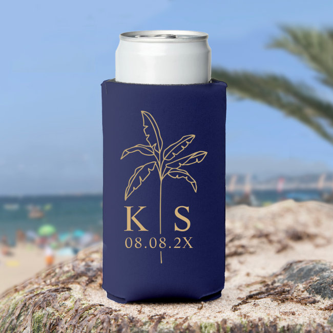 Custom Monogram Wedding Logo Palm Tree Can Cooler