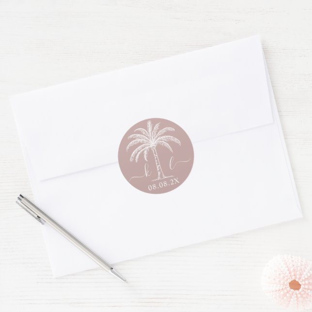Custom Monogram Wedding Logo Palm Tree Classic Round Sticker (Envelope)