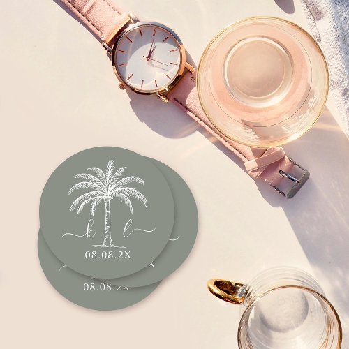 Custom Monogram Wedding Logo Palm Tree Round Paper Coaster