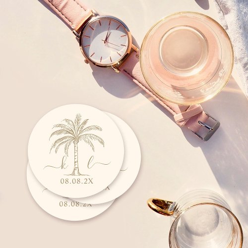 Custom Monogram Wedding Logo Palm Tree Round Paper Coaster