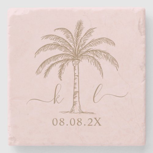 Custom Monogram Wedding Logo Palm Tree Stone Coaster