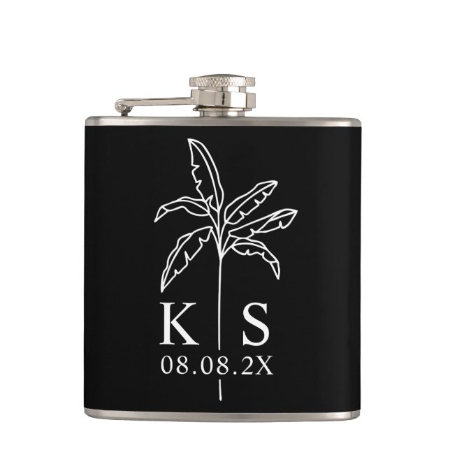 Custom Monogram Wedding Logo Palm Tree Tote Bag Fl Flask (Front)