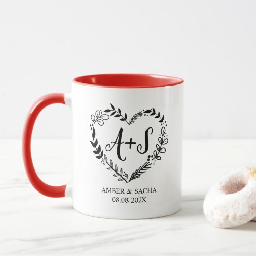 Custom Monogram Wedding Logo With Heart Wreath Mug