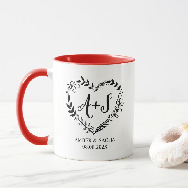 Custom Monogram Wedding Logo With Heart Wreath Mug (With Donut)
