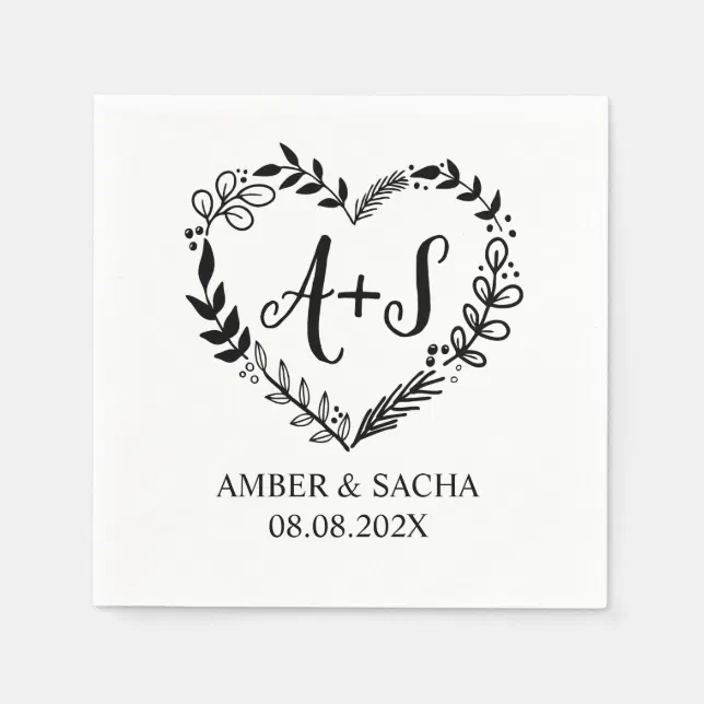 Custom Monogram Wedding Logo With Heart Wreath Napkins | Zazzle