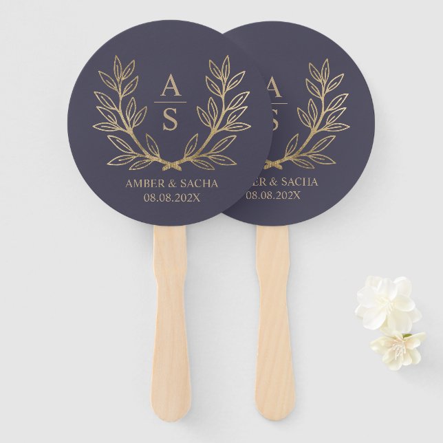 Custom Monogram Wedding Logo With Wreath Hand Fan (Front and Back)