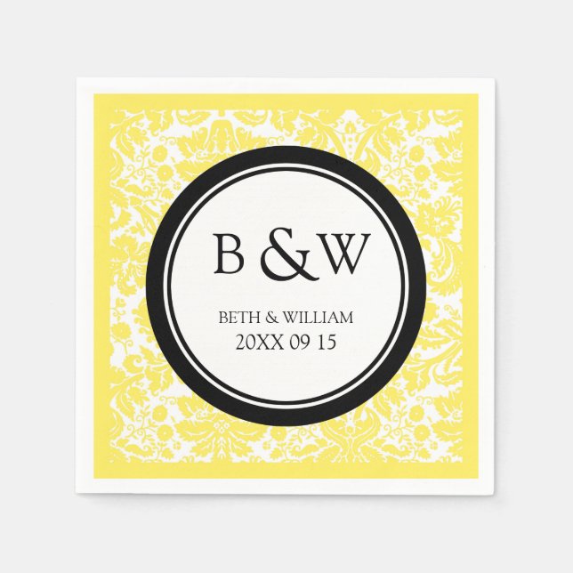 Custom Monogram Wedding Napkin Black Yellow Damask (Front)