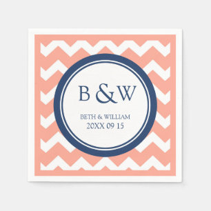 Custom Monogram Wedding Napkin Coral Blue Chevron