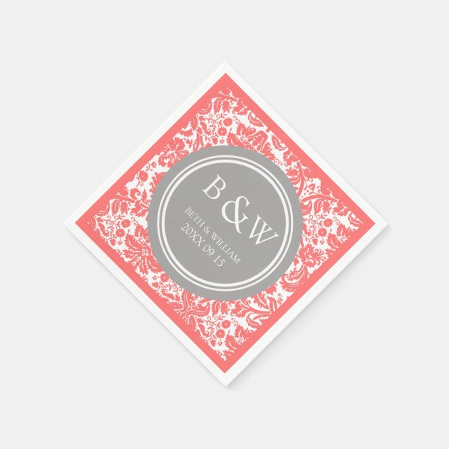 Custom Monogram Wedding Napkin Coral Grey Damask