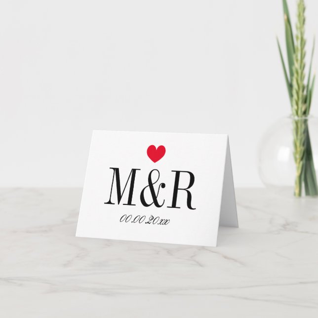 Custom monogram wedding note cards with red heart (Front)