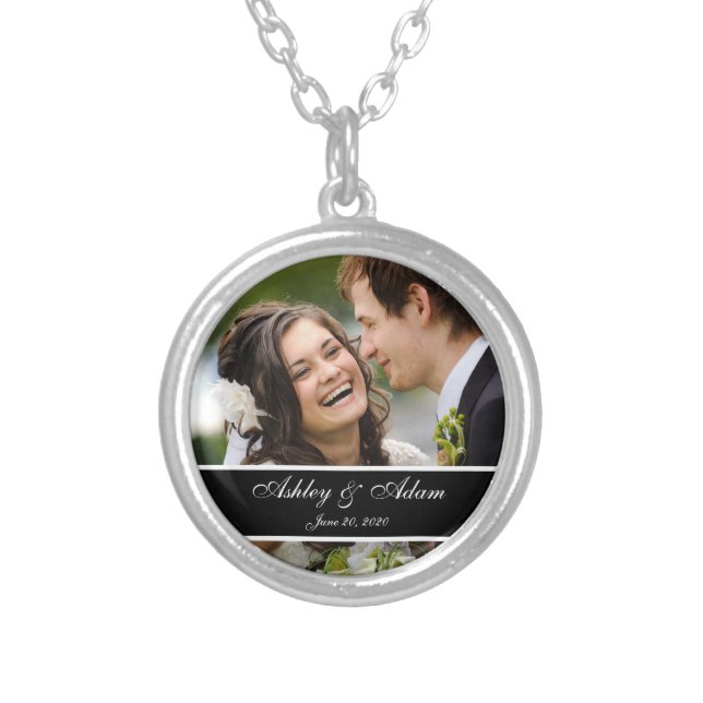 Custom Monogram Wedding Photo Keepsake Silver Plated Necklace (Front)