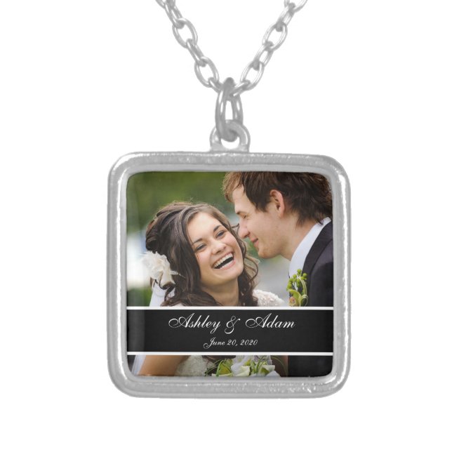Custom Monogram Wedding Photo Keepsake Silver Plated Necklace (Front)