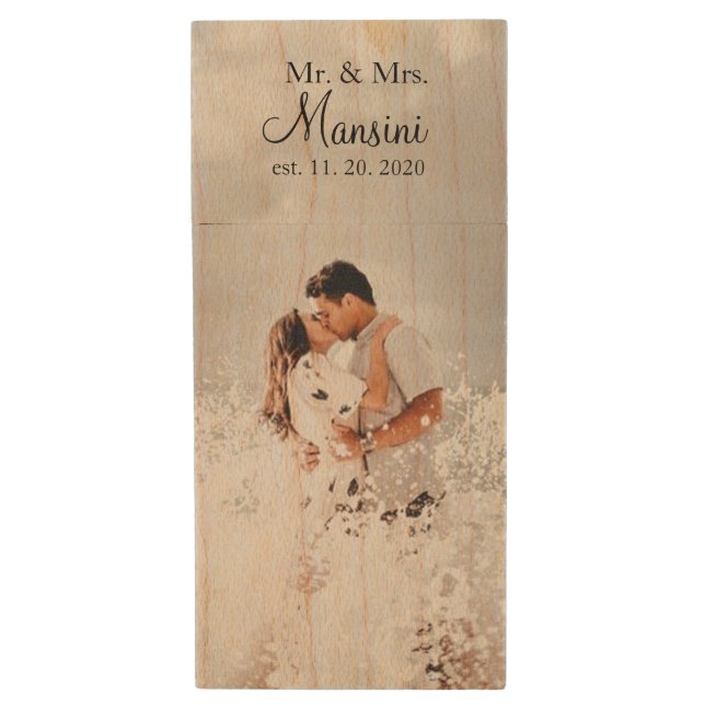 Custom Monogram Wedding Photo Wood USB Flash Drive (Front Vertical)
