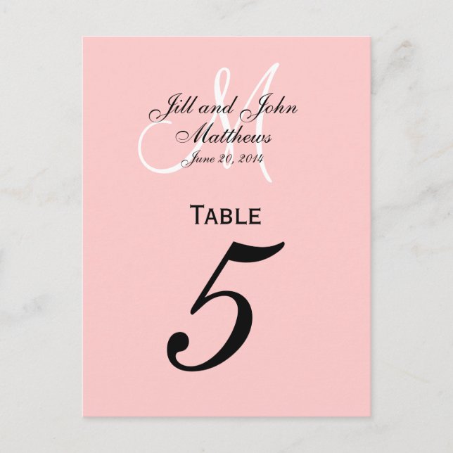 Custom Monogram Wedding Table Number Pink (Front)