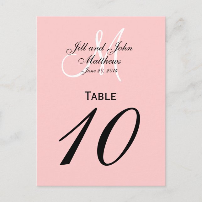 Custom Monogram Wedding Table Number Pink (Front)