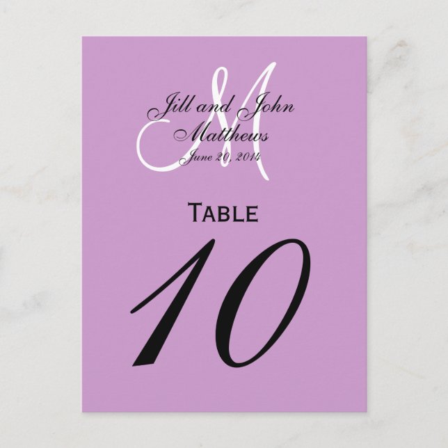 Custom Monogram Wedding Table Number Purple (Front)