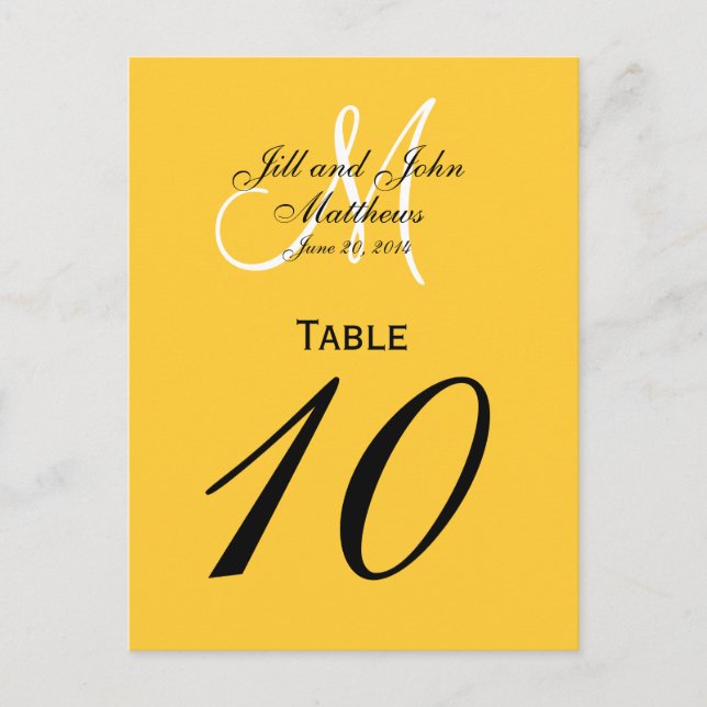 Custom Monogram Wedding Table Number Yellow (Front)
