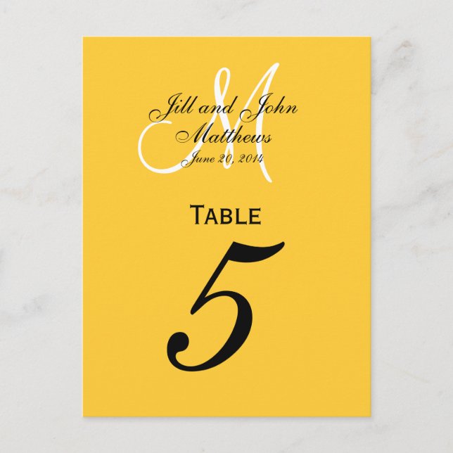 Custom Monogram Wedding Table Number Yellow (Front)