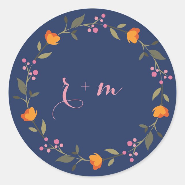 Custom Monogram Whimsical Floral Wreath Wedding Classic Round Sticker (Front)