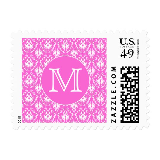 Custom Monogram. White and Pink Damask Pattern. Postage