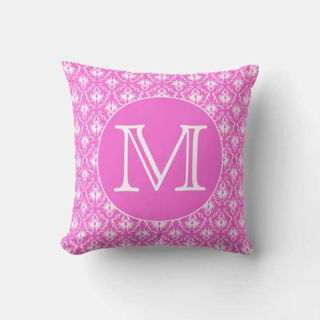 Custom Monogram. White and Pink Damask Pattern. Throw Pillow (Front)