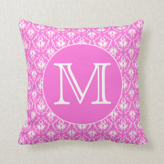 Custom Monogram. White and Pink Damask Pattern. Throw Pillow