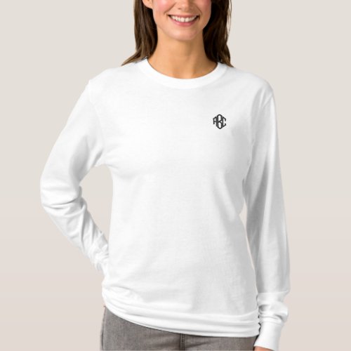 Custom Monogram White Embroidered Long Sleeve T_Shirt