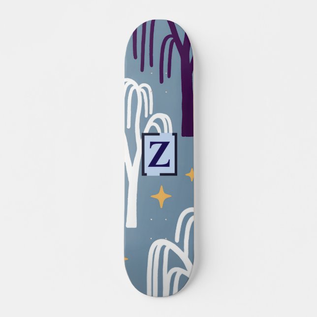 Custom Monogram Willow Tree Pattern Blue  Skateboard (Front)