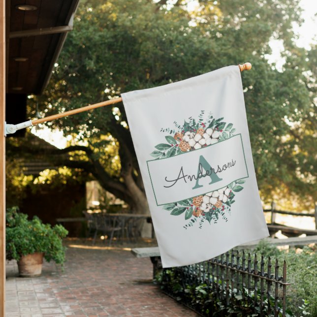 Custom Monogram Winter Christmas Greenery House Flag (In SItu)