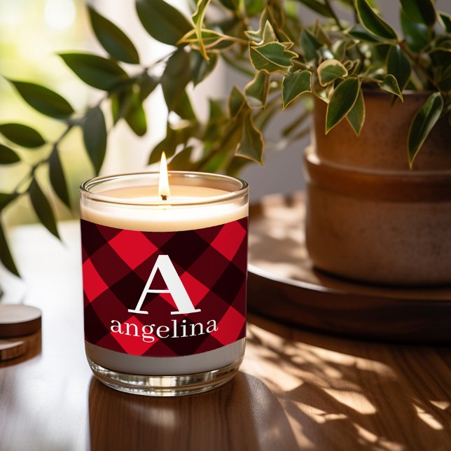Custom Monogram with 5 Photos - Buffalo Plaid Scented Candle (Personalized candle with monogram and photo collage on back)