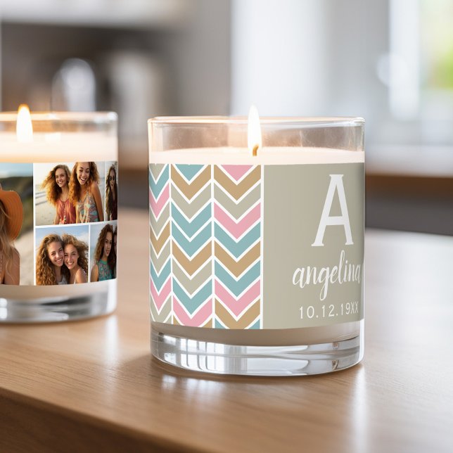 Custom Monogram with 5 Photos - Mod Herringbone Scented Candle (Custom candle with photos and text)