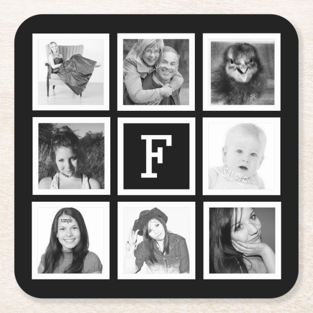 Custom Monogram with 8 Square Photos Paper Coaster (Front)