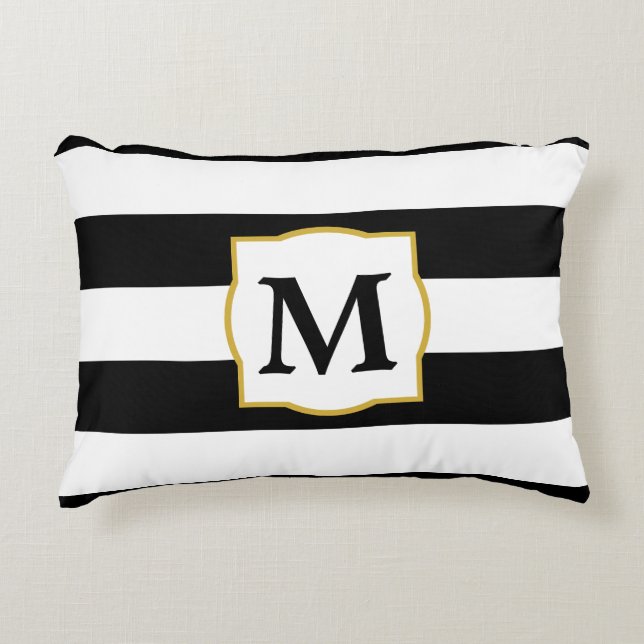 Custom Monogram with Black and White Stripes Accent Pillow (Front)