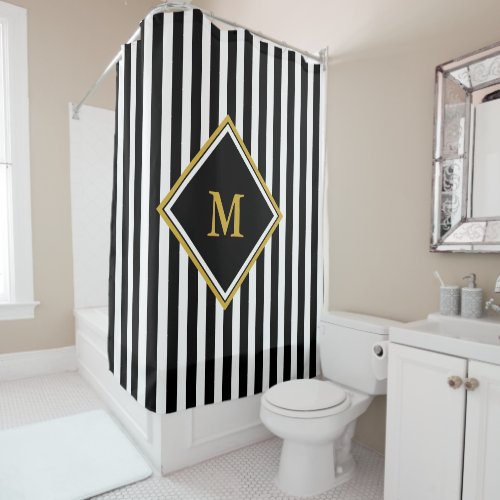Custom Monogram with Black and White Stripes Shower Curtain