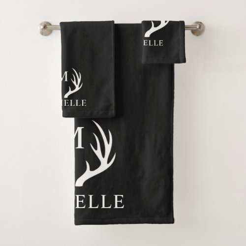 Custom Monogram with Black White Deer Antler Bath Towel Set