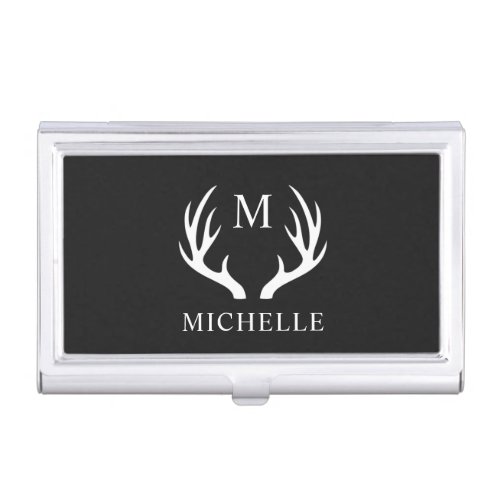 Custom Monogram with Black White Deer Antler Business Card Case