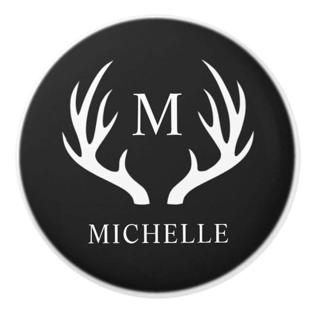 Custom Monogram with Black White Deer Antler Ceramic Knob (Front)