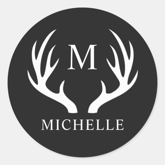 Custom Monogram with Black White Deer Antler Classic Round Sticker (Front)
