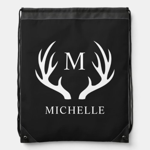 Custom Monogram with Black White Deer Antler Drawstring Bag