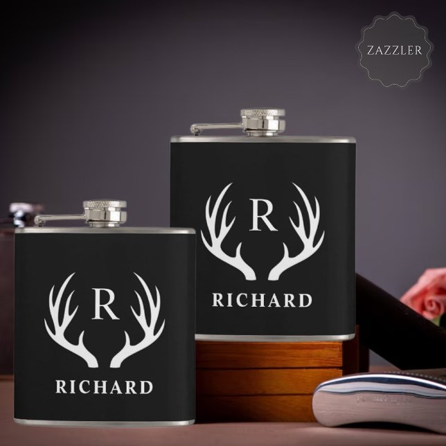 Custom Monogram with Black White Deer Antler Flask (Custom Monogram with Black White Deer Antler Flask)